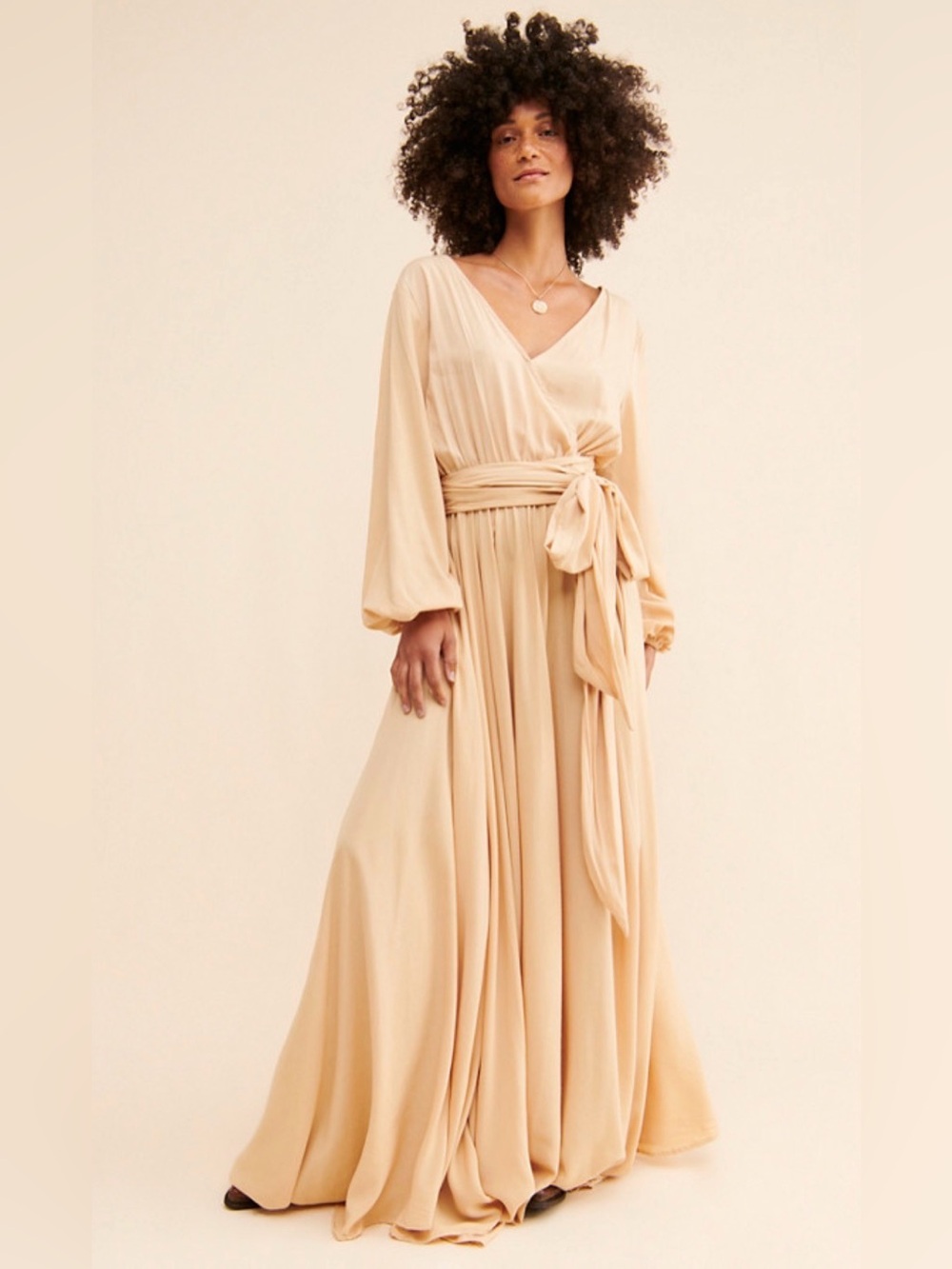 Erika Peña Wrap Maxi Dress Beige Peach Long Sleeve Boho Tie Waist Pockets